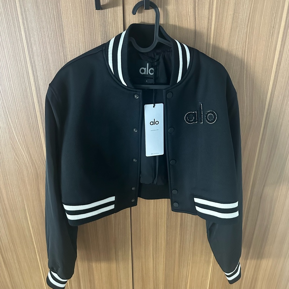 ALO Yoga Cropped Black and White Varsity Jacket NWT